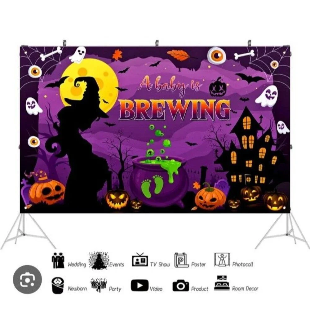 Halloween Baby Shower Decor Set Baby Is Brewing XL Banner & Rectangle Tablecloth